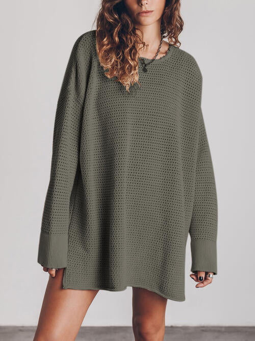 Openwork Round Neck Long Sleeve Slit Sweater - Madikfashions.com