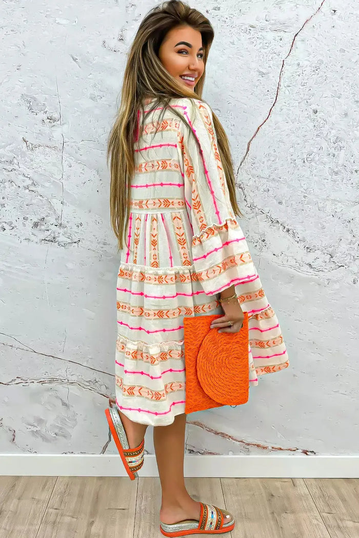 Orange Bohemian Printed Bracelet Sleeve Slit Neck Ruffled Loose Dress - Dresses/Mini Dresses