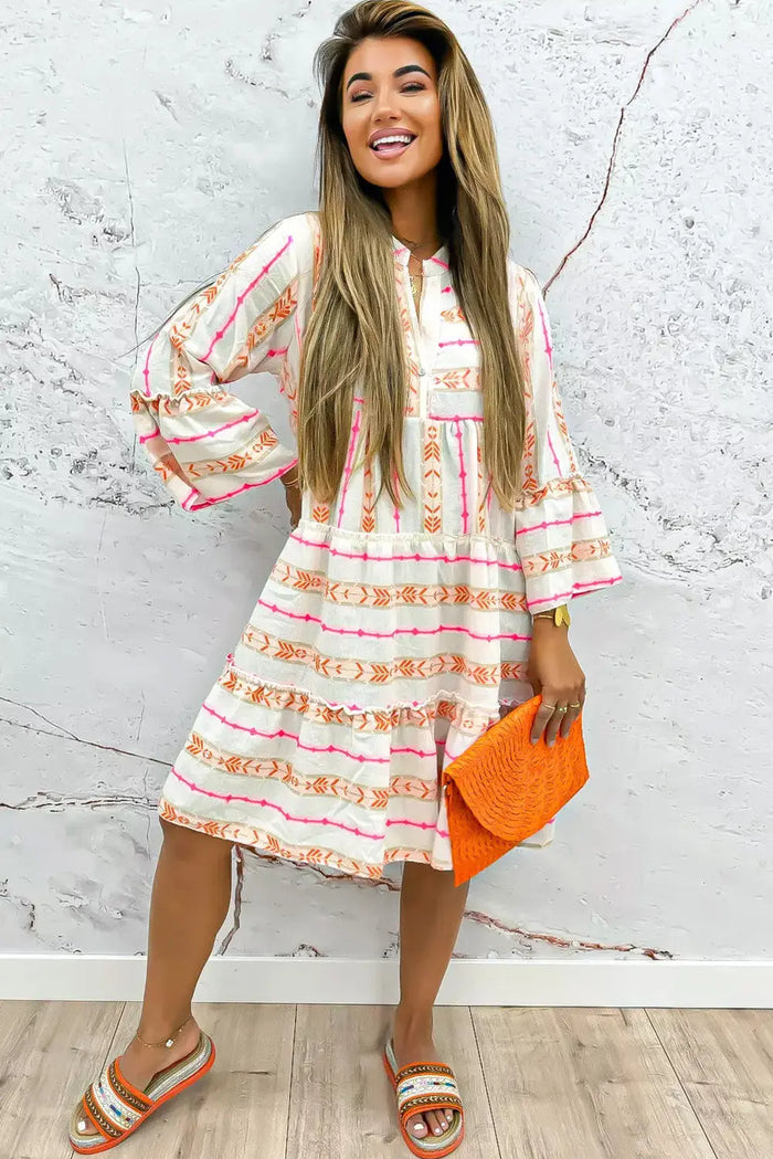 Orange Bohemian Printed Bracelet Sleeve Slit Neck Ruffled Loose Dress - Dresses/Mini Dresses