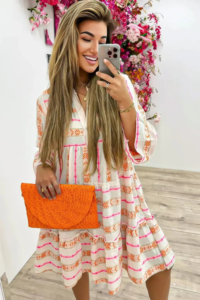 Orange Bohemian Printed Bracelet Sleeve Slit Neck Ruffled Loose Dress - Dresses/Mini Dresses