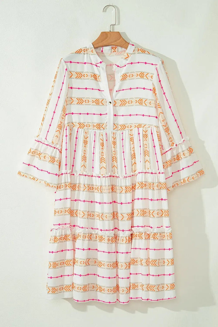 Orange Bohemian Printed Bracelet Sleeve Slit Neck Ruffled Loose Dress - Dresses/Mini Dresses