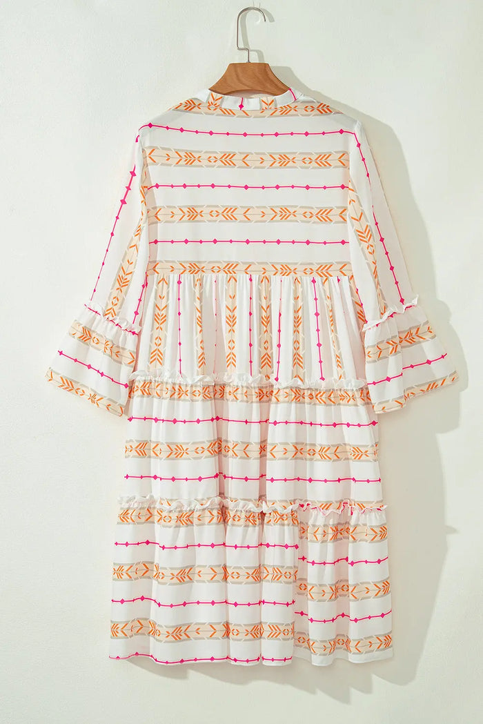 Orange Bohemian Printed Bracelet Sleeve Slit Neck Ruffled Loose Dress - Dresses/Mini Dresses