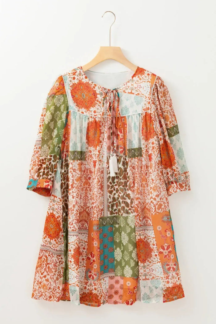 Orange Boho Paisley Mixed Print 3/4 Sleeve Chiffon Loose Dress - ORANGE / S / 100% POLYESTER - Dresses/Mini Dresses