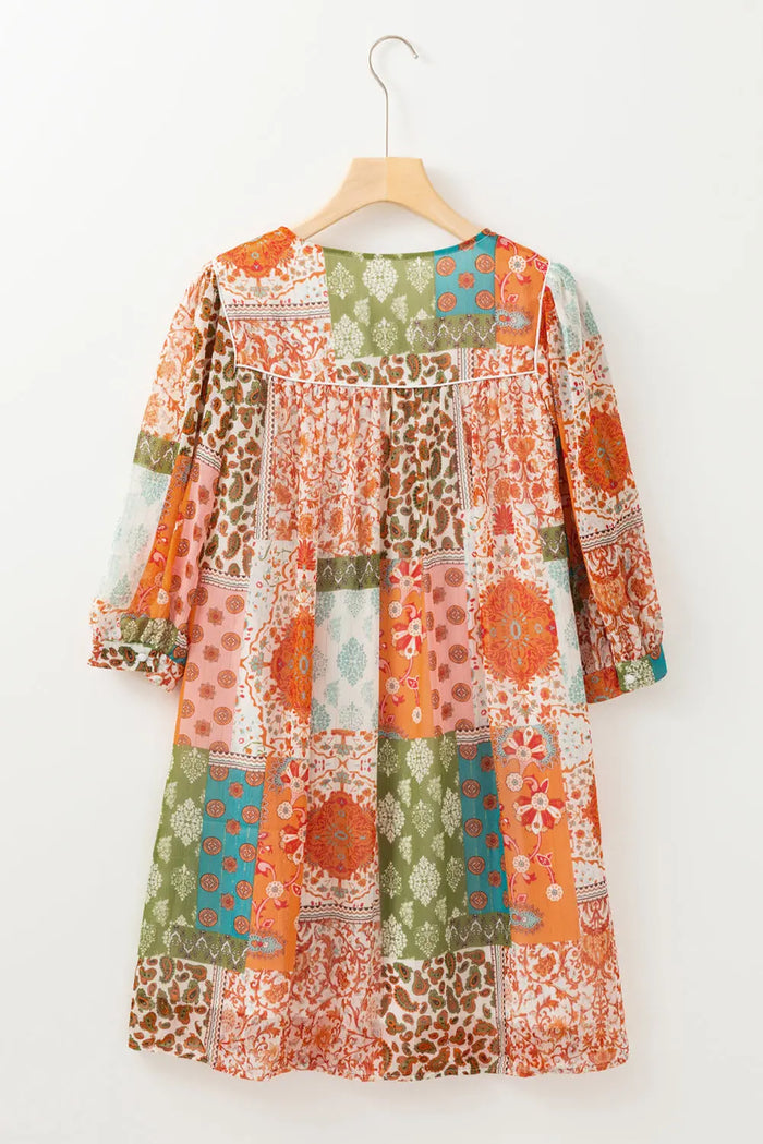 Orange Boho Paisley Mixed Print 3/4 Sleeve Chiffon Loose Dress - Dresses/Mini Dresses