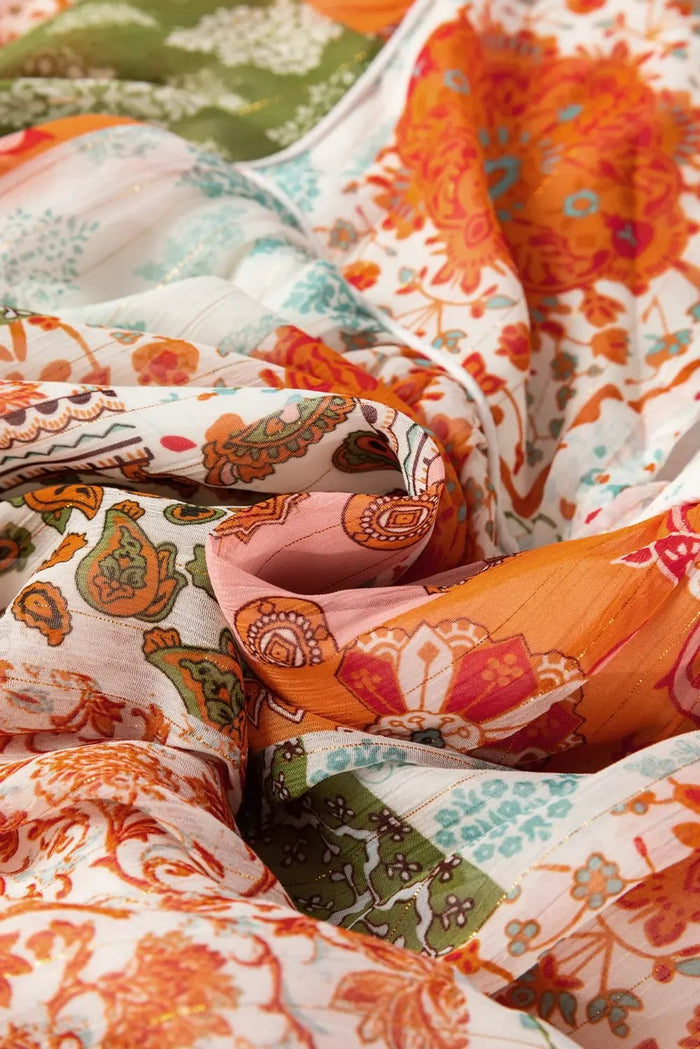 Orange Boho Paisley Mixed Print 3/4 Sleeve Chiffon Loose Dress - Dresses/Mini Dresses