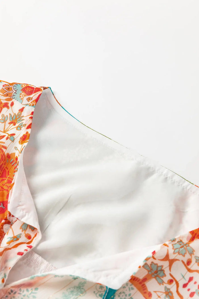 Orange Boho Paisley Mixed Print 3/4 Sleeve Chiffon Loose Dress - Dresses/Mini Dresses