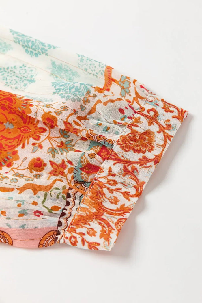 Orange Boho Paisley Mixed Print 3/4 Sleeve Chiffon Loose Dress - Dresses/Mini Dresses