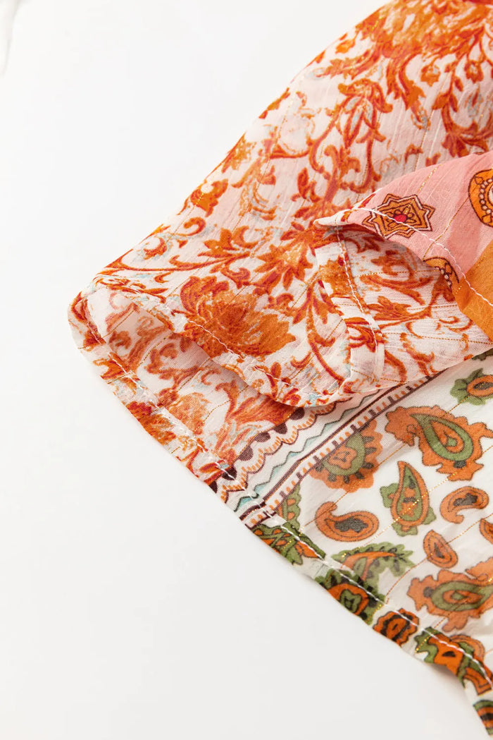 Orange Boho Paisley Mixed Print 3/4 Sleeve Chiffon Loose Dress - Dresses/Mini Dresses