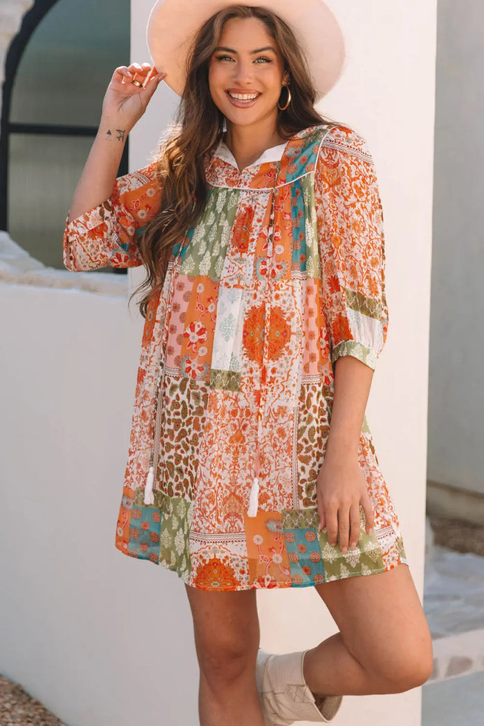 Orange Boho Paisley Mixed Print 3/4 Sleeve Chiffon Loose Dress - Dresses/Mini Dresses