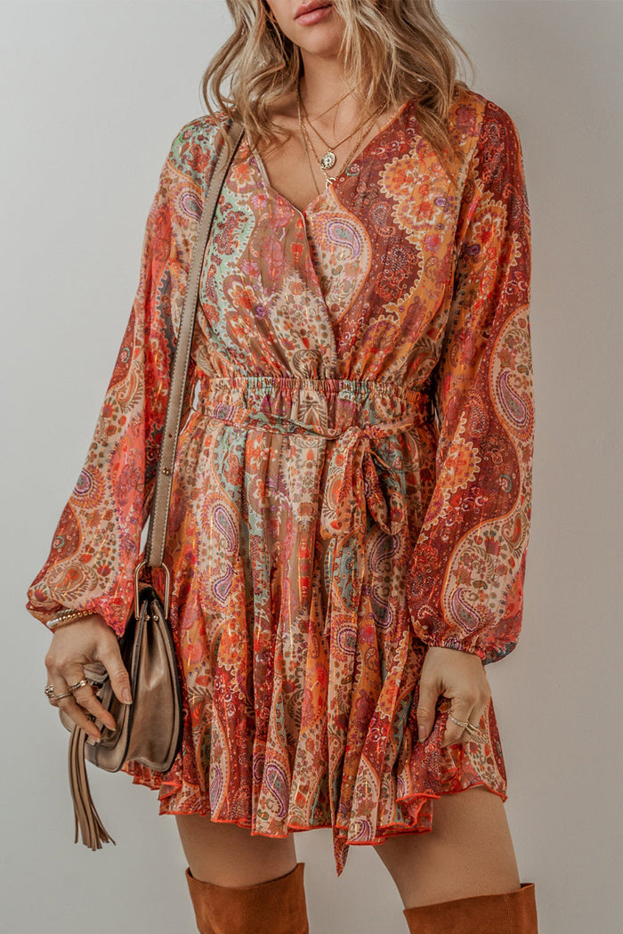 Orange Boho Paisley Print Long Sleeve Pleated Belted Mini Dress - ORANGE / S / 100% POLYESTER - Dresses/Mini Dresses