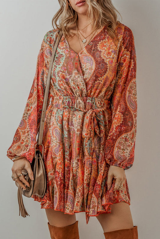 Orange Boho Paisley Print Long Sleeve Pleated Belted Mini Dress - ORANGE / S / 100% POLYESTER - Dresses/Mini Dresses