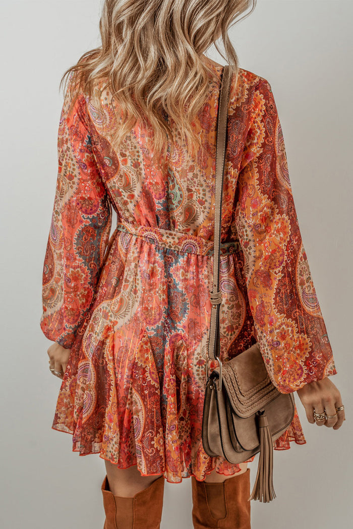 Orange Boho Paisley Print Long Sleeve Pleated Belted Mini Dress - Dresses/Mini Dresses