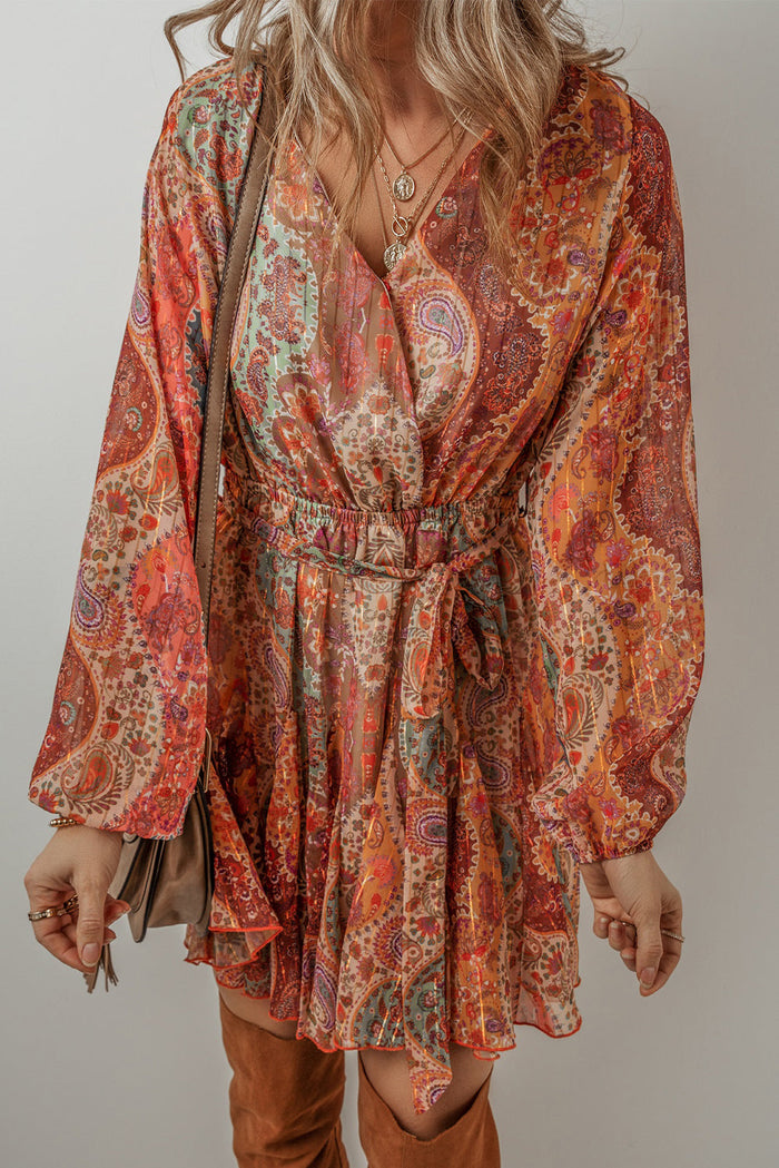 Orange Boho Paisley Print Long Sleeve Pleated Belted Mini Dress - Dresses/Mini Dresses