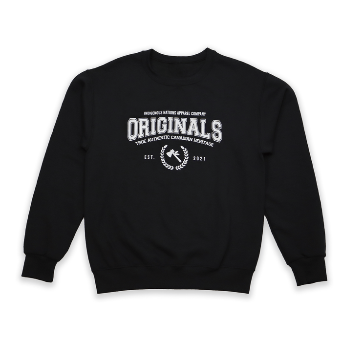 Originals Sweatshirt featuring collegiate-style design with laurel wreath and tomahawk, celebrating Canadian heritage.