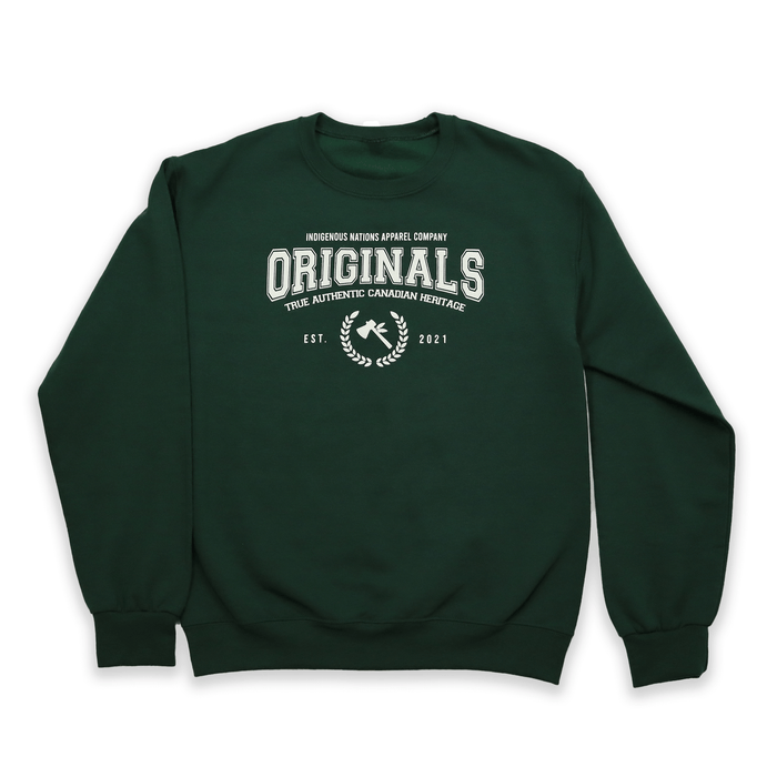 Originals Sweatshirt featuring collegiate design and Canadian heritage graphics in dark green.