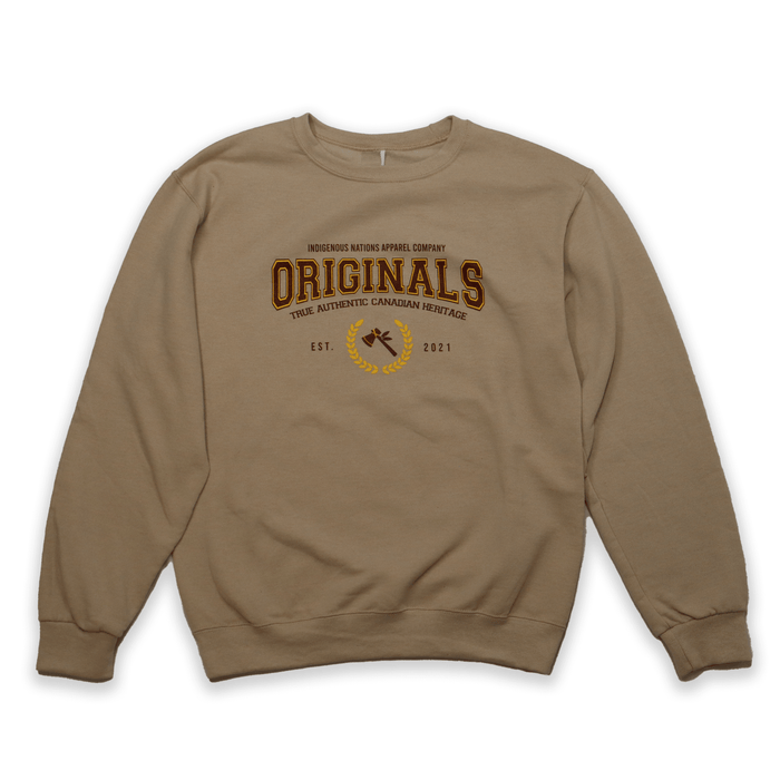 Image of an Originals Sweatshirt featuring collegiate style and Canadian heritage graphics.