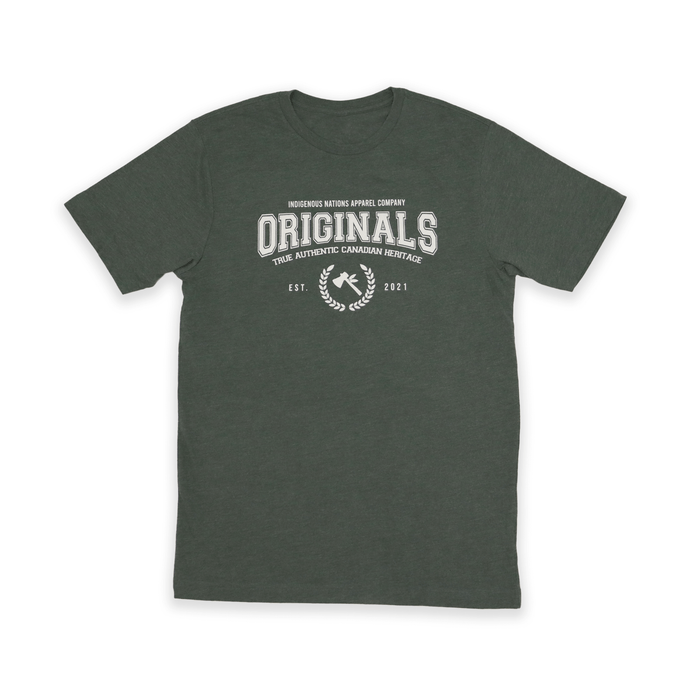 Originals Tee featuring Indigenous Nations Apparel Company logo in vintage style on a green t-shirt.