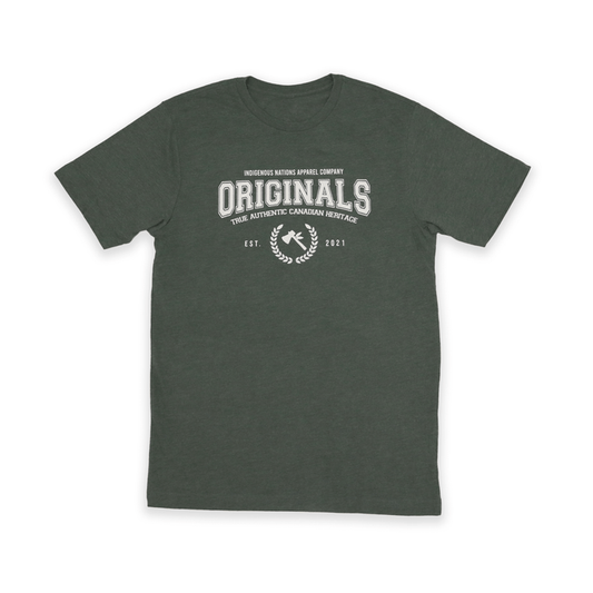 Originals Tee featuring Indigenous Nations Apparel Company logo in vintage style on a green t-shirt.