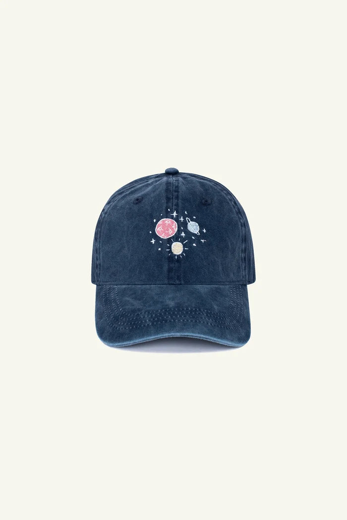 Contrast Outer Space embroidered hat in Washed Navy Blue, organic cotton cosmic cap