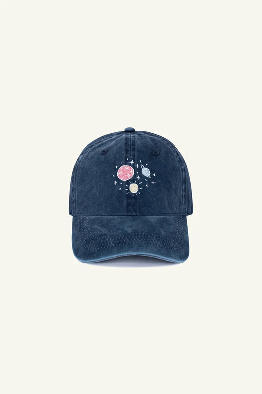 Contrast Outer Space embroidered hat in Washed Navy Blue, organic cotton cosmic cap