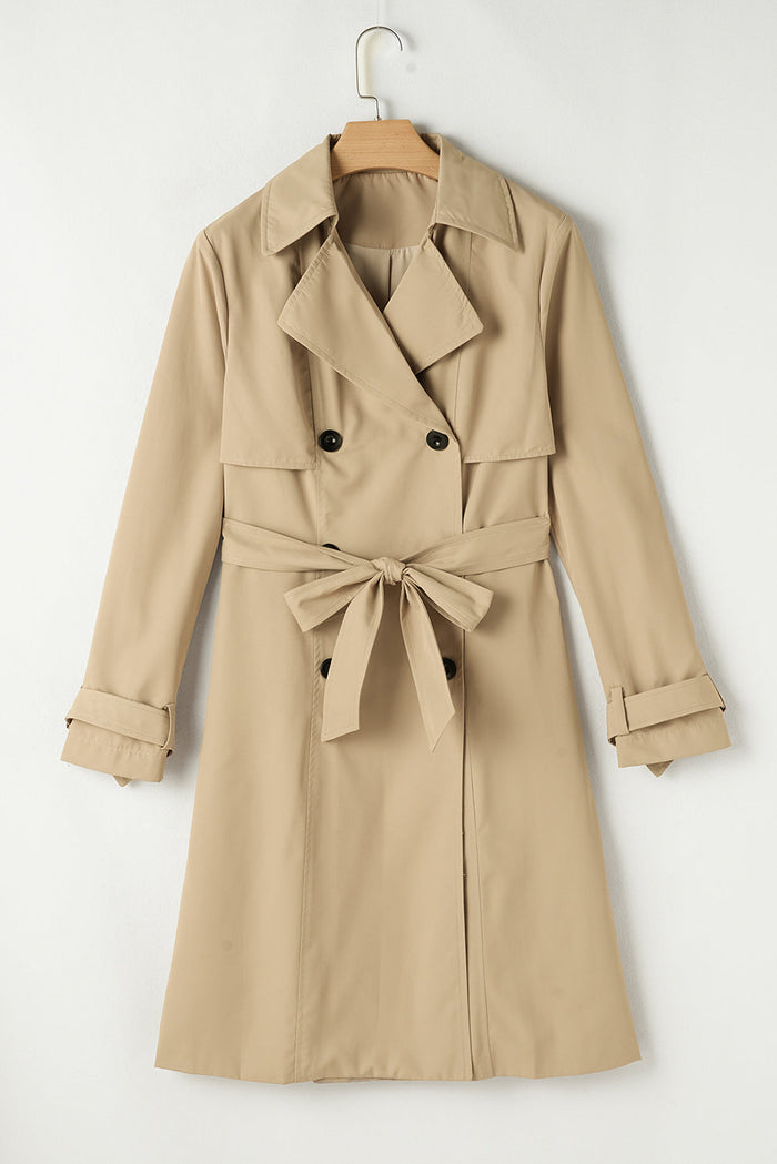Pale Khaki Solid Colour Lapel Collar Waist Tie Wind Coat - Outerwear/Coats