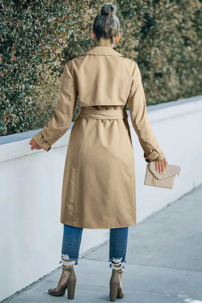 Pale Khaki Solid Colour Lapel Collar Waist Tie Wind Coat - Outerwear/Coats