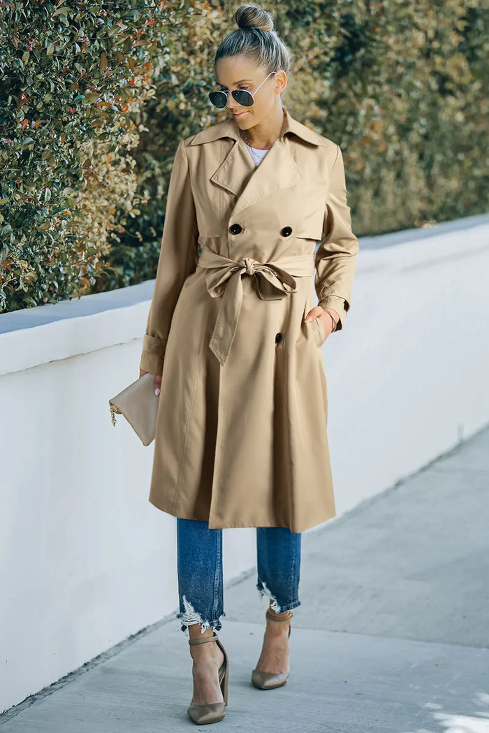 Pale Khaki Solid Colour Lapel Collar Waist Tie Wind Coat - Outerwear/Coats