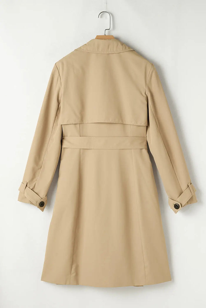 Pale Khaki Solid Colour Lapel Collar Waist Tie Wind Coat - Outerwear/Coats