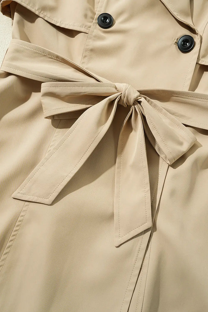 Pale Khaki Solid Colour Lapel Collar Waist Tie Wind Coat - Outerwear/Coats