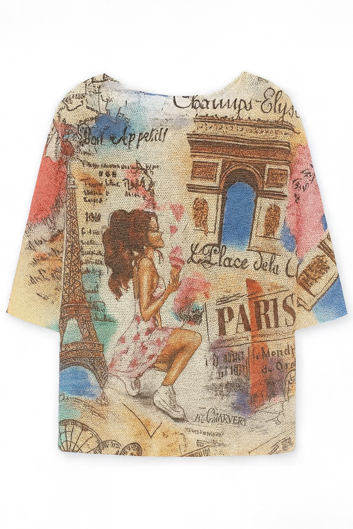 Colorful Paris Romance graphic knit top with illustrated city landmarks, romantic motifs, round neckline, and three-quarter sleeves.