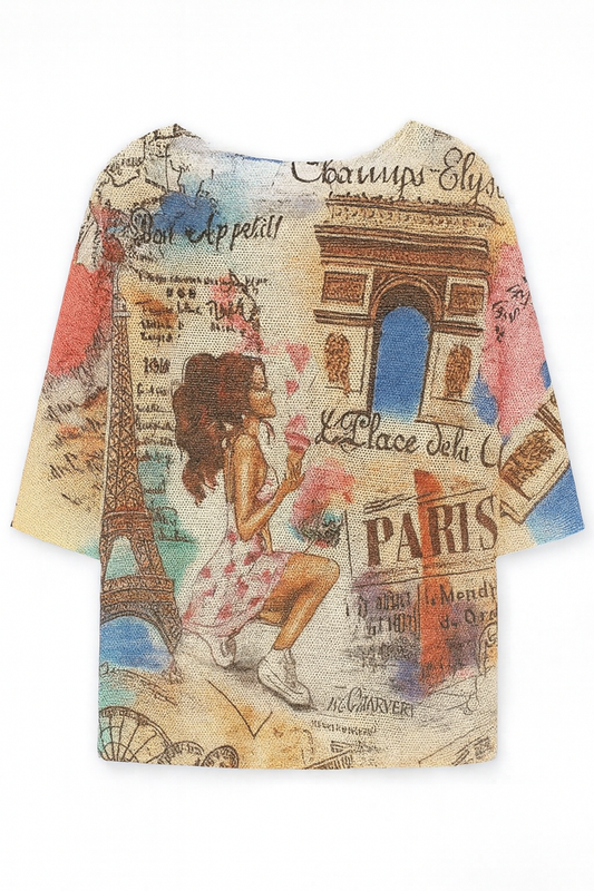 Colorful Paris Romance graphic knit top with illustrated city landmarks, romantic motifs, round neckline, and three-quarter sleeves.