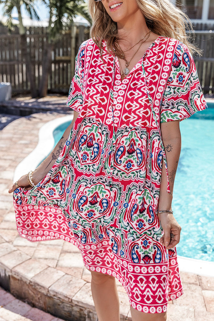 Pink Bohemian Print Tie Neck Ruffle Hem Short Dress - Dresses/Mini Dresses
