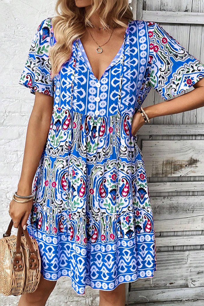Pink Bohemian Print Tie Neck Ruffle Hem Short Dress - SKY BLUE / S / 100% POLYESTER - Dresses/Mini Dresses