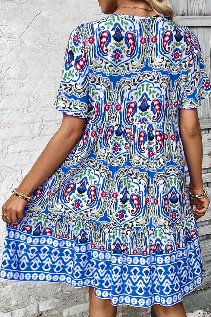 Pink Bohemian Print Tie Neck Ruffle Hem Short Dress - Dresses/Mini Dresses