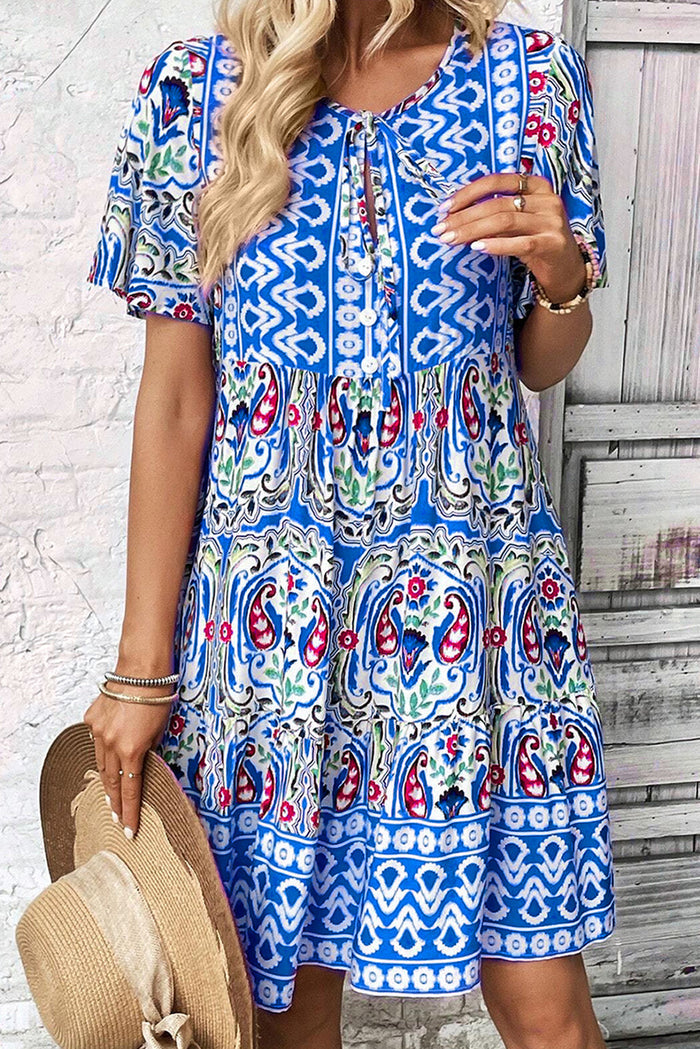 Pink Bohemian Print Tie Neck Ruffle Hem Short Dress - Dresses/Mini Dresses