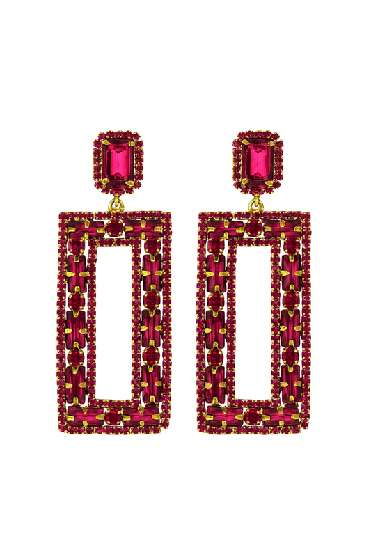 Pink crystal rectangle drop earrings with a silver-tone open geometric frame and sparkling statement design.