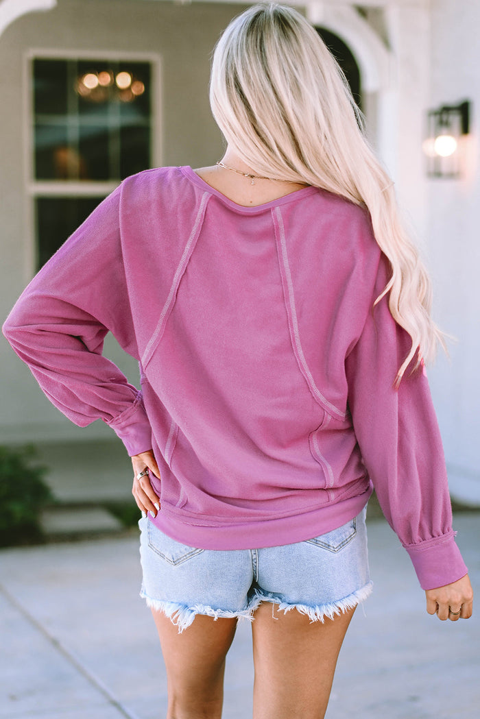 Pink Exposed Seam Round Neck Terry Pullover - Tops/Sweatshirts & Hoodies