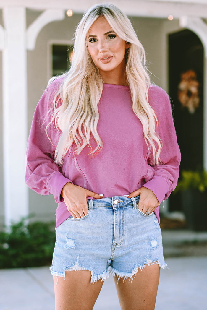 Pink Exposed Seam Round Neck Terry Pullover - Tops/Sweatshirts & Hoodies