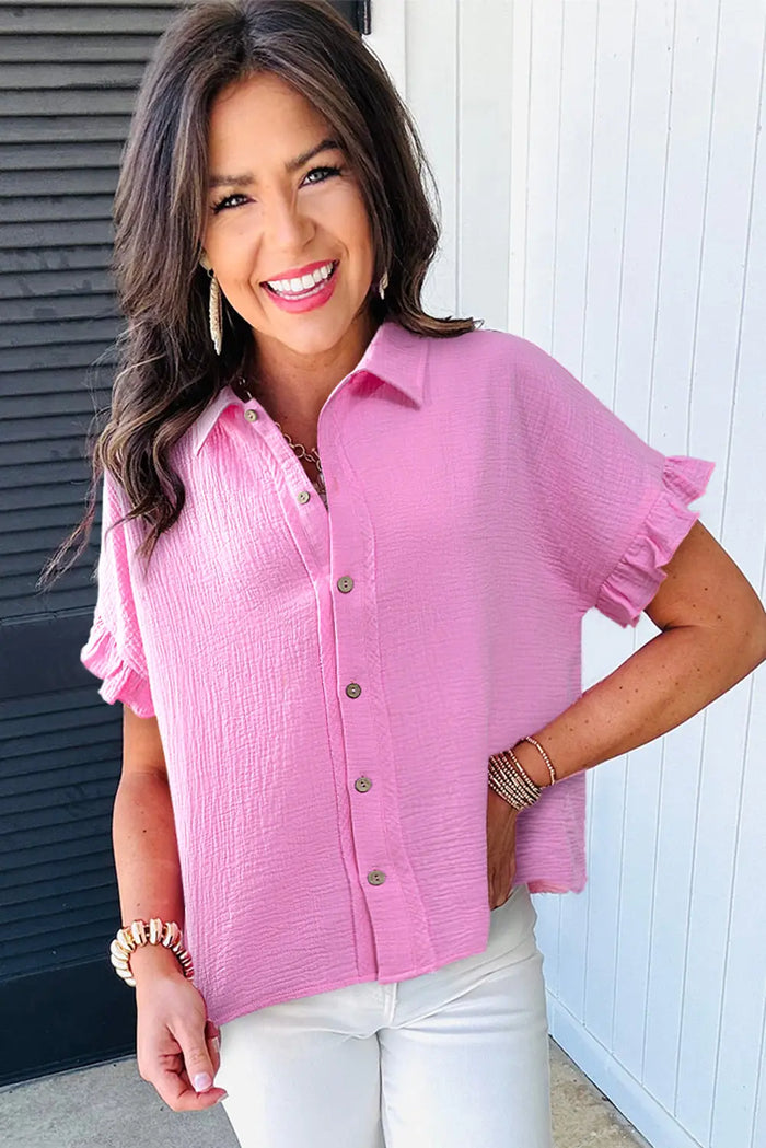 Pink Mineral Wash Textured Ruffle Trim Short Sleeve Shirt - Tops/Blouses & Shirts