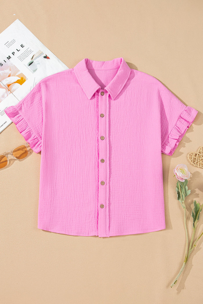 Pink Mineral Wash Textured Ruffle Trim Short Sleeve Shirt - Tops/Blouses & Shirts