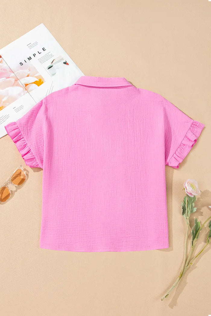 Pink Mineral Wash Textured Ruffle Trim Short Sleeve Shirt - Tops/Blouses & Shirts