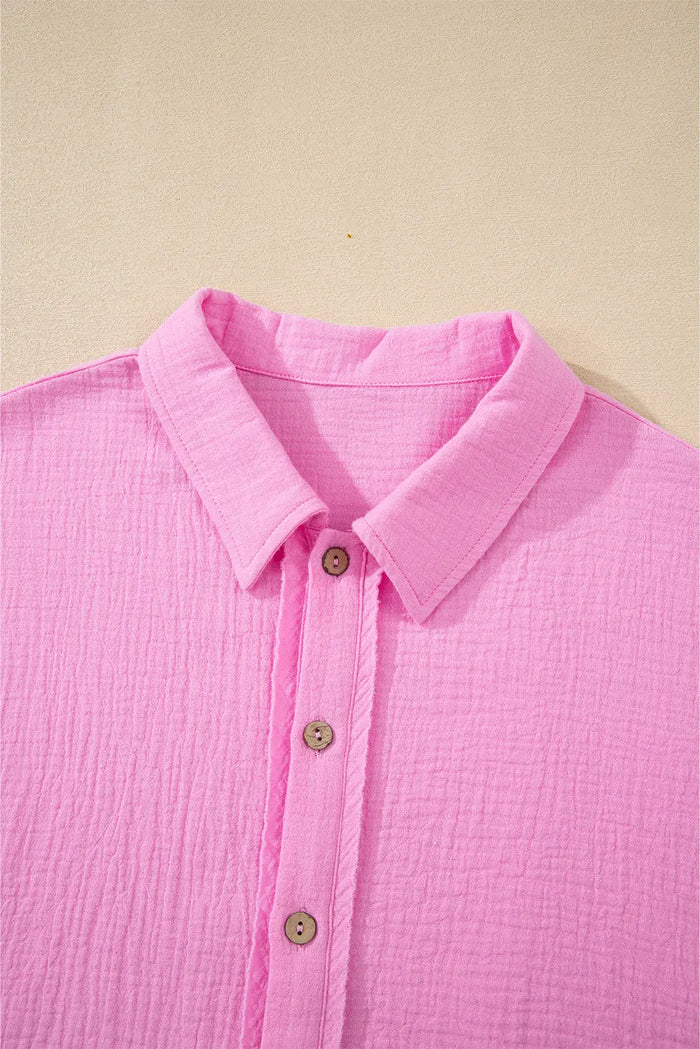 Pink Mineral Wash Textured Ruffle Trim Short Sleeve Shirt - Tops/Blouses & Shirts