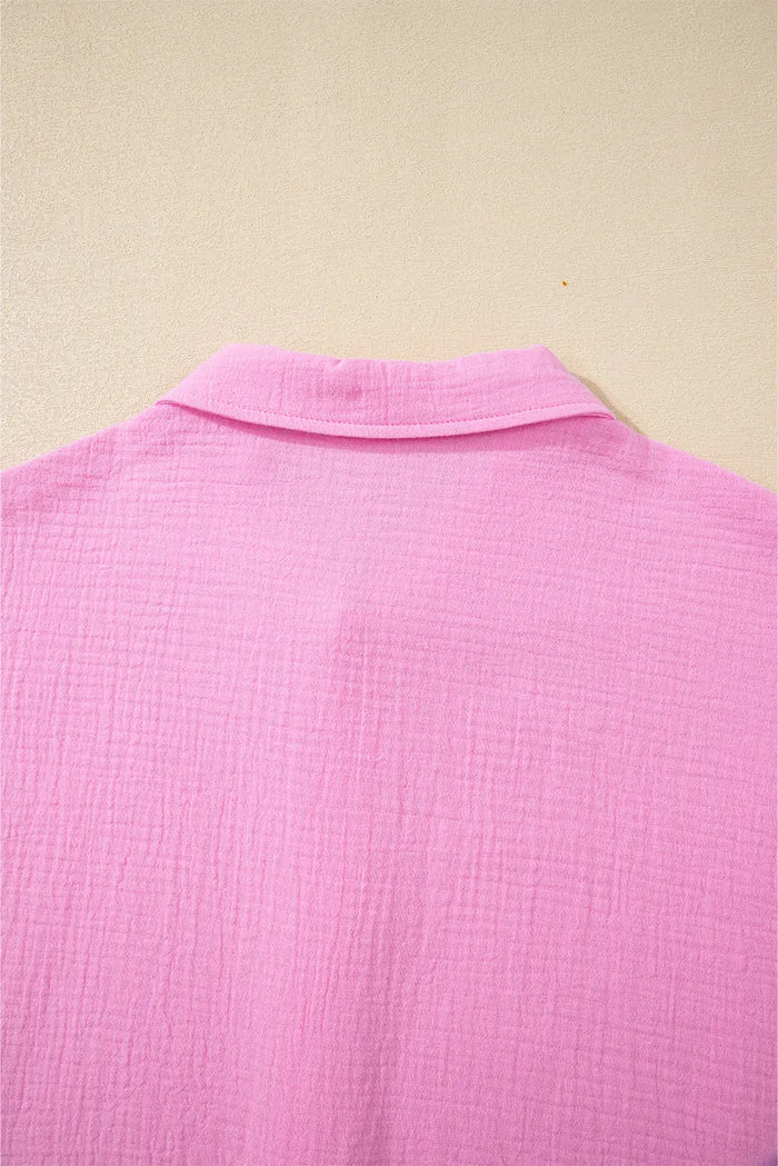 Pink Mineral Wash Textured Ruffle Trim Short Sleeve Shirt - Tops/Blouses & Shirts