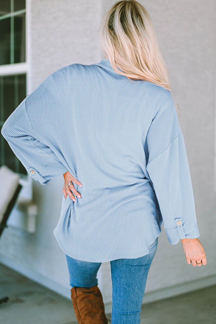 Pink Roll Tab Sleeve Ribbed Cording Shacket - Outerwear/Jackets