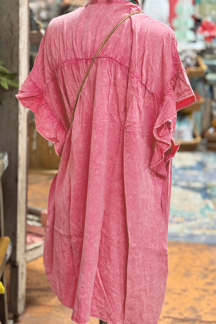 Pink Ruffled Short Sleeve Buttoned Denim Mini Dress - Dresses/Mini Dresses