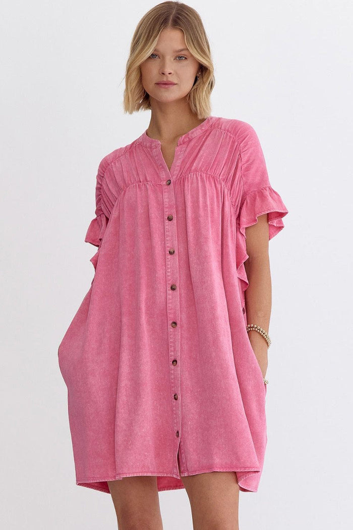 Pink Ruffled Short Sleeve Buttoned Denim Mini Dress - Dresses/Mini Dresses