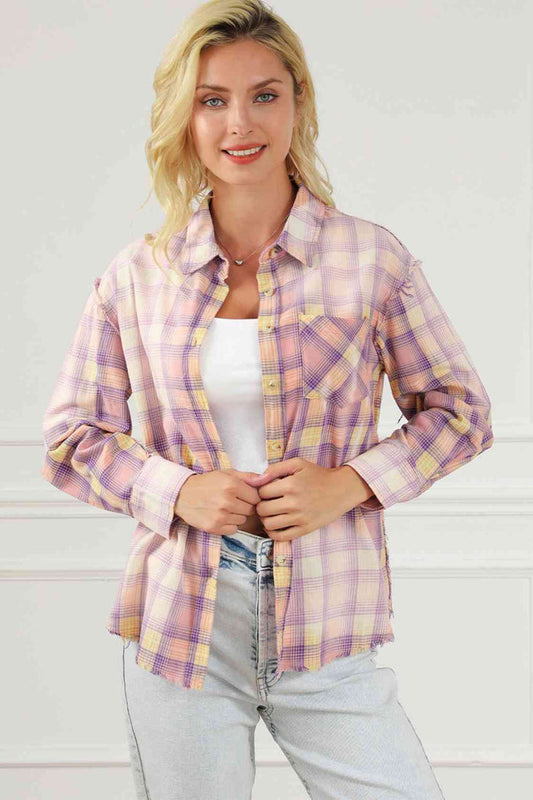 Plaid Button Up Collared Neck Long Sleeve Shirt - Madikfashions.com