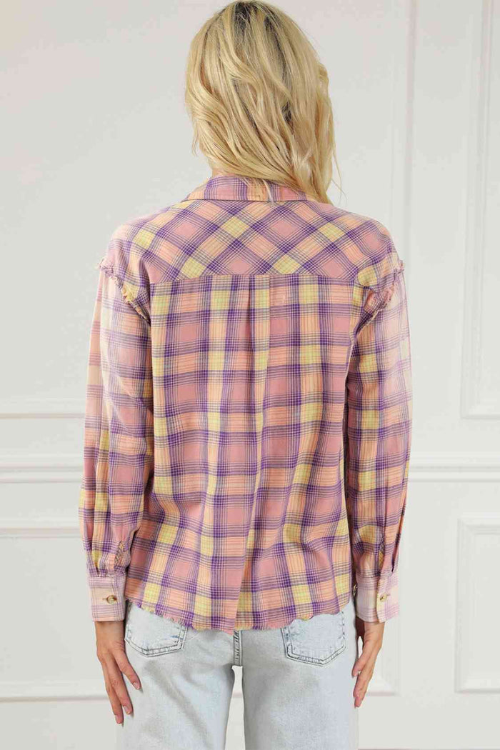 Plaid Button Up Collared Neck Long Sleeve Shirt - Madikfashions.com