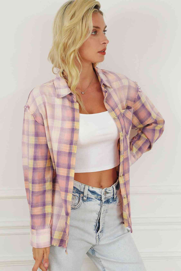 Plaid Button Up Collared Neck Long Sleeve Shirt - Madikfashions.com