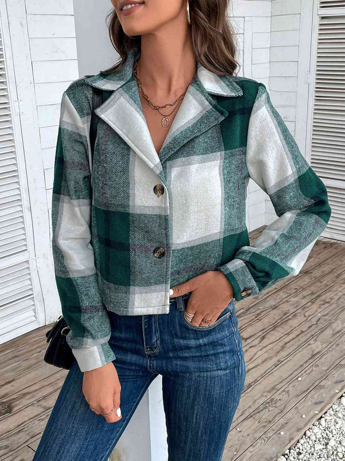 Plaid Collared Neck Button Up Long Sleeve Jacket - Madikfashions.com
